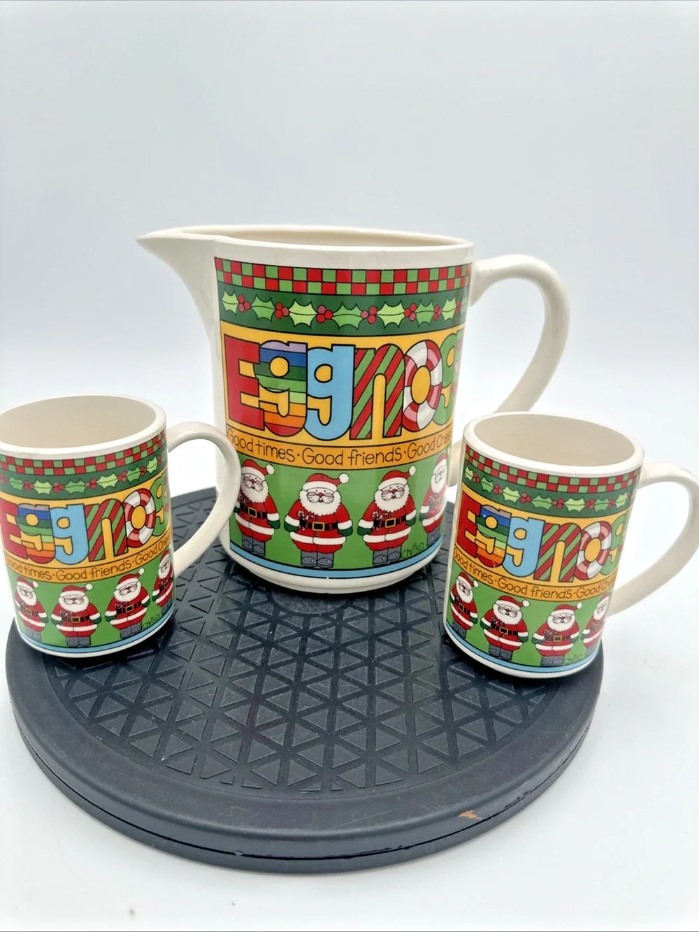 Vintage Love N'stuff 1984 Egg Nog Pitcher, 2 mugs Courtney Davis Japan Rare